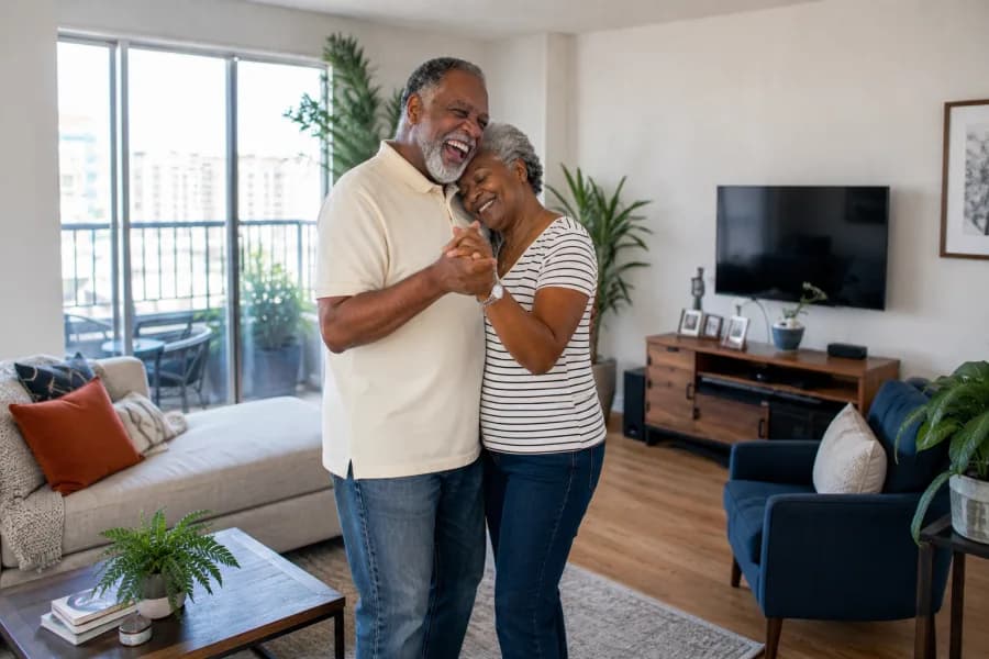An older couple dancing and laughing together in their living room